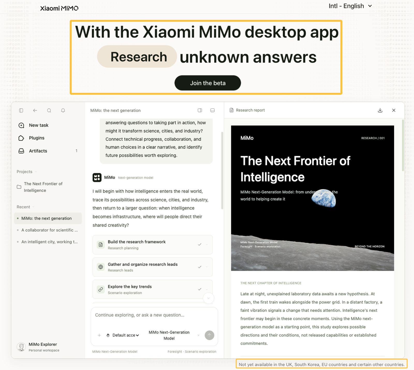 MiMo desktop for marketing research interface displaying "The Next Frontier of Intelligence" report and checklist.