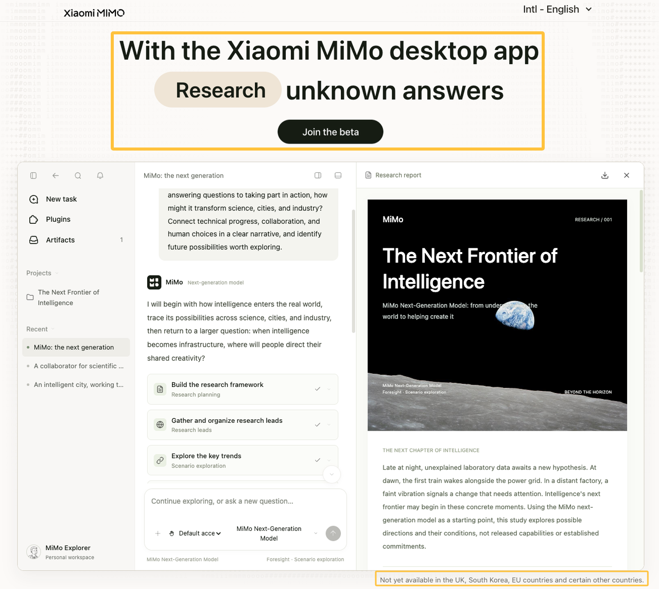 MiMo desktop for marketing research interface displaying "The Next Frontier of Intelligence" report and checklist.