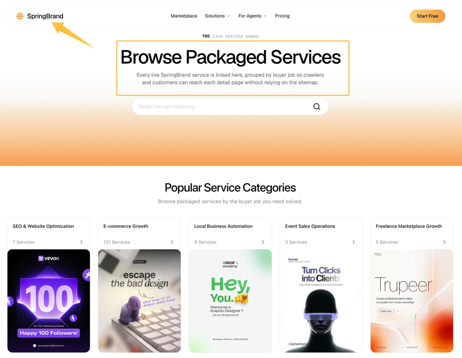 SpringBrand marketplace page displaying packaged service categories tailored for the agent economy.