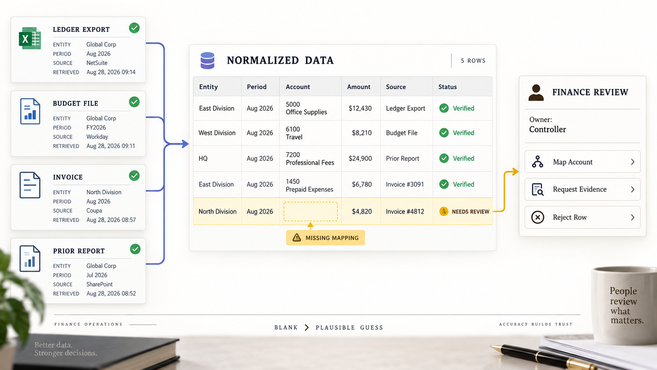 Workflow of AI agents in finance normalizing data and flagging rows for finance review.