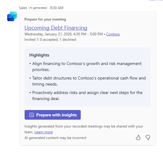 An ai sales assistant generating automated meeting preparation insights and highlights for an upcoming financing deal.