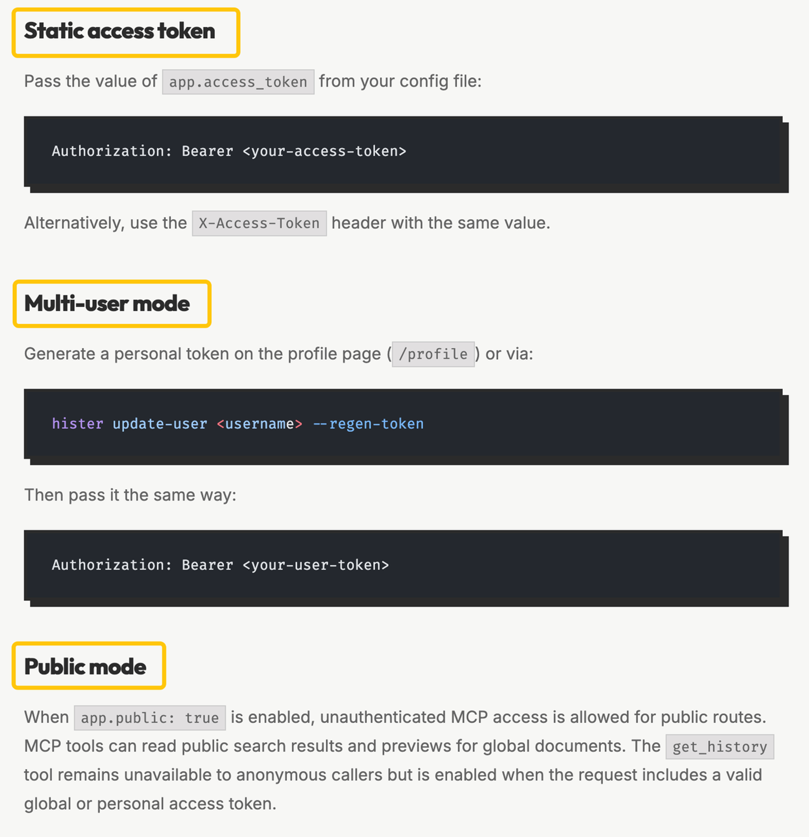 Resolve auth errors during hister mcp troubleshooting by configuring static access tokens, multi-user, or public modes.
