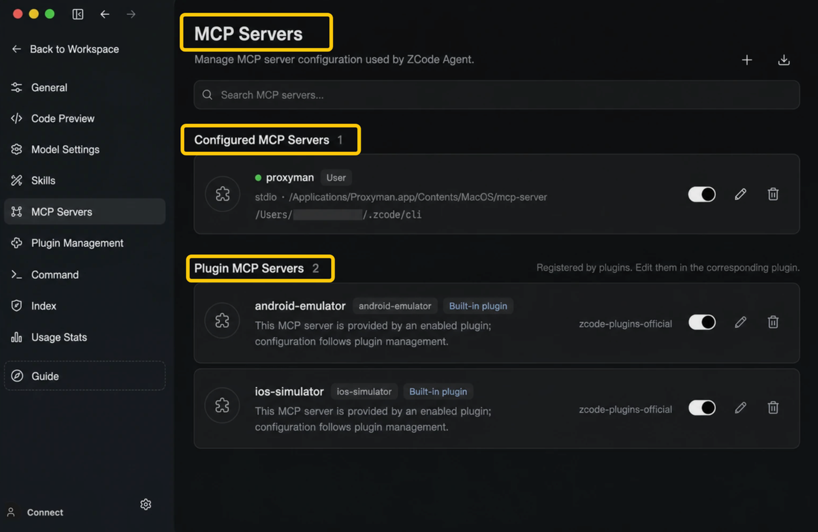 Manage configured and built-in MCP servers directly through the dedicated zcode plugins settings dashboard. 
