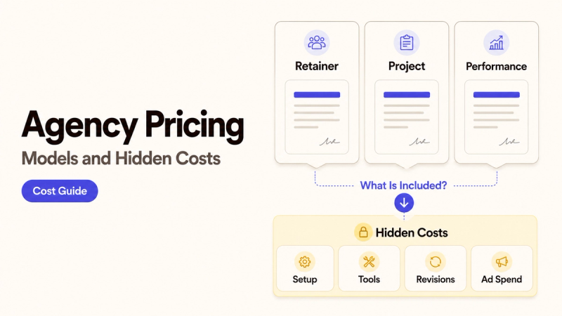 Infographic showing digital marketing agency pricing models and hidden costs like setup, tools, and ad spend.
