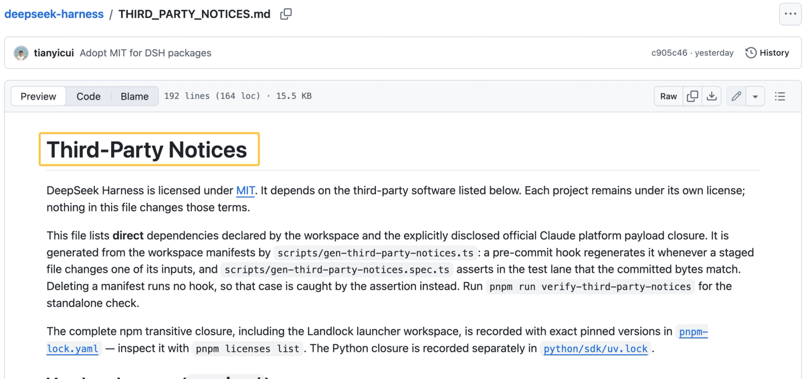 Read the third-party notices to understand what is deepseek harness licensing, including its MIT license details.