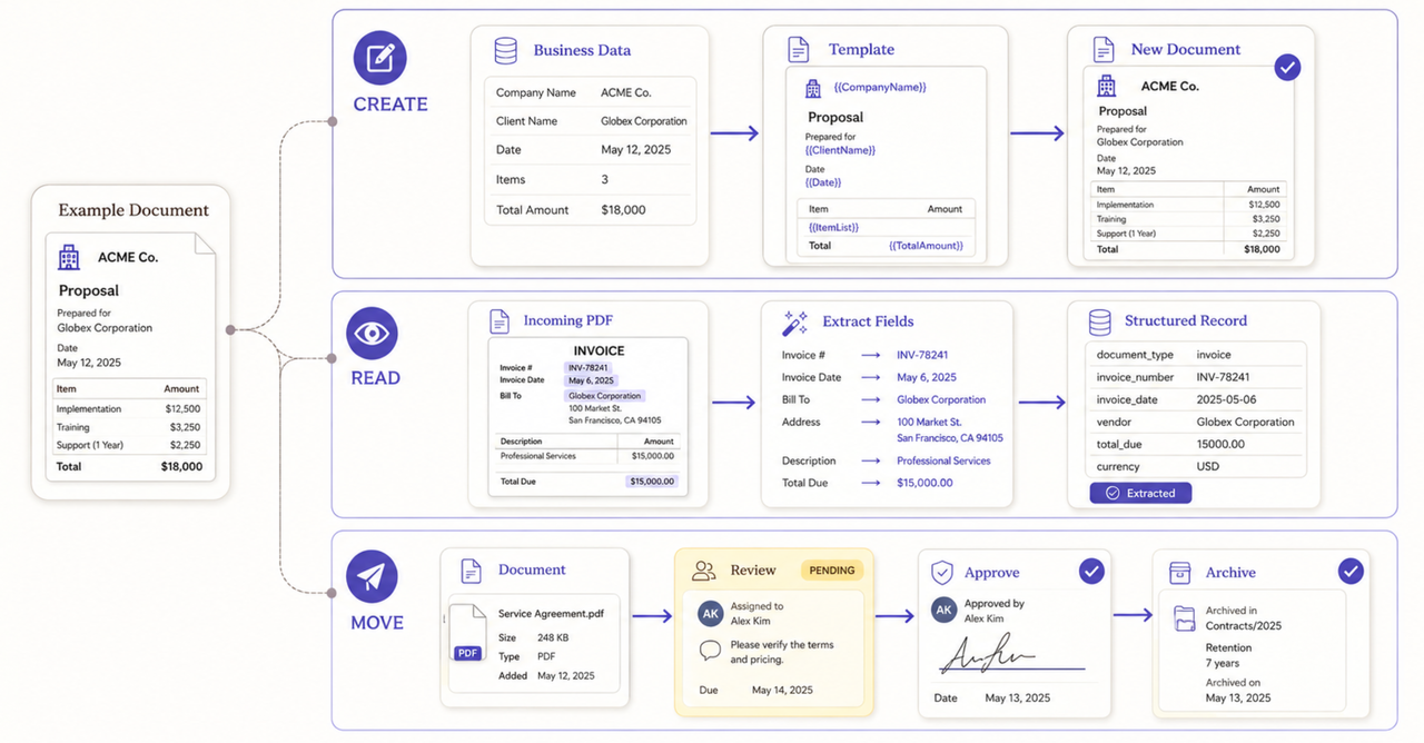 Diagram showing create, read, and move workflows within document automation software, including templates and approvals.
