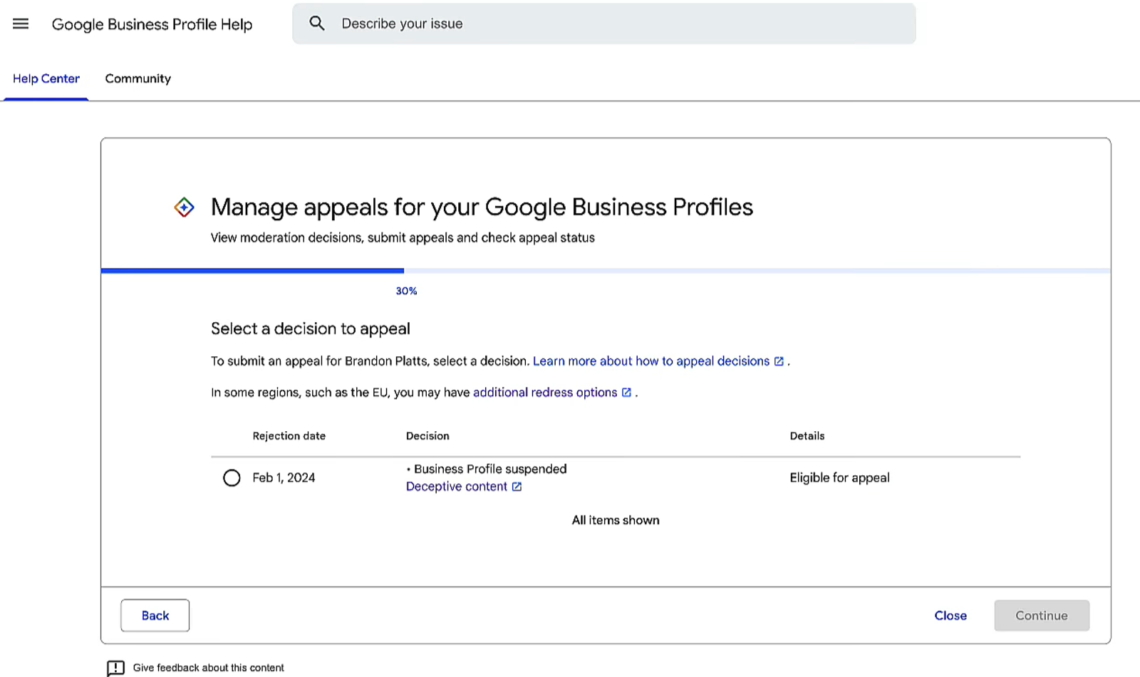 A help center screen showing a suspended Google Business Profile eligible for appeal, a crucial service within google business profile optimization services.