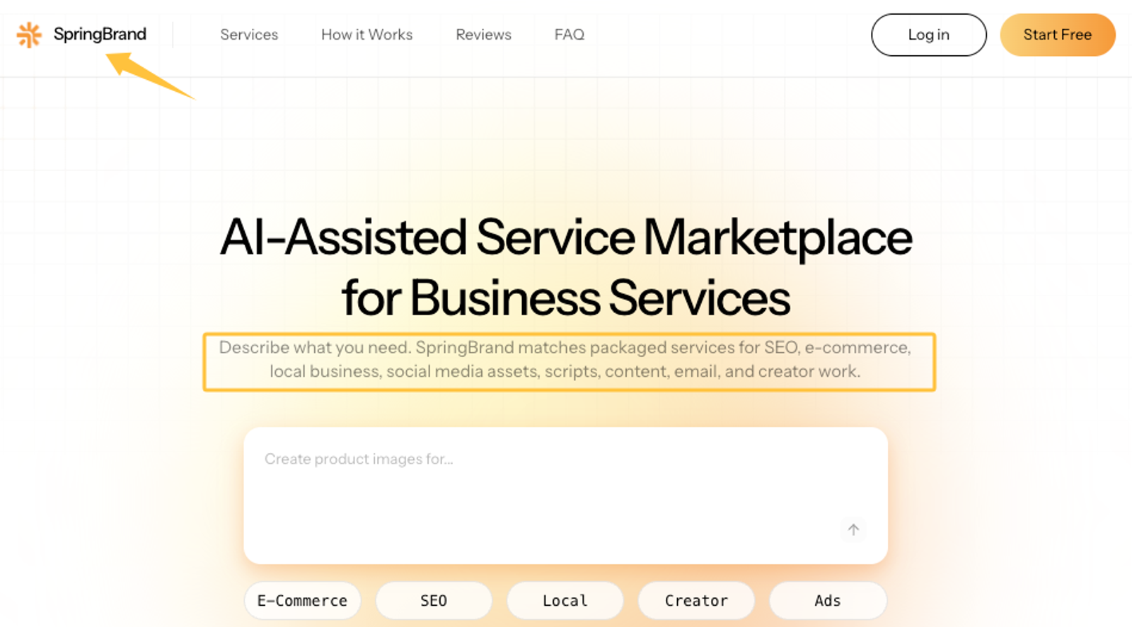 SpringBrand web page showing AI business services. Highlighted text details SEO and local business services, a key step in a local seo checklist.