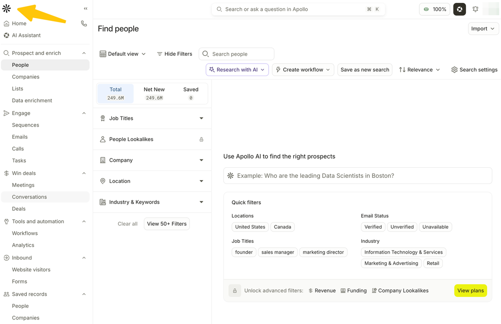 Utilize powerful search filters in Apollo.io, a prime example of the best sales prospecting tools for targeted lead generation.