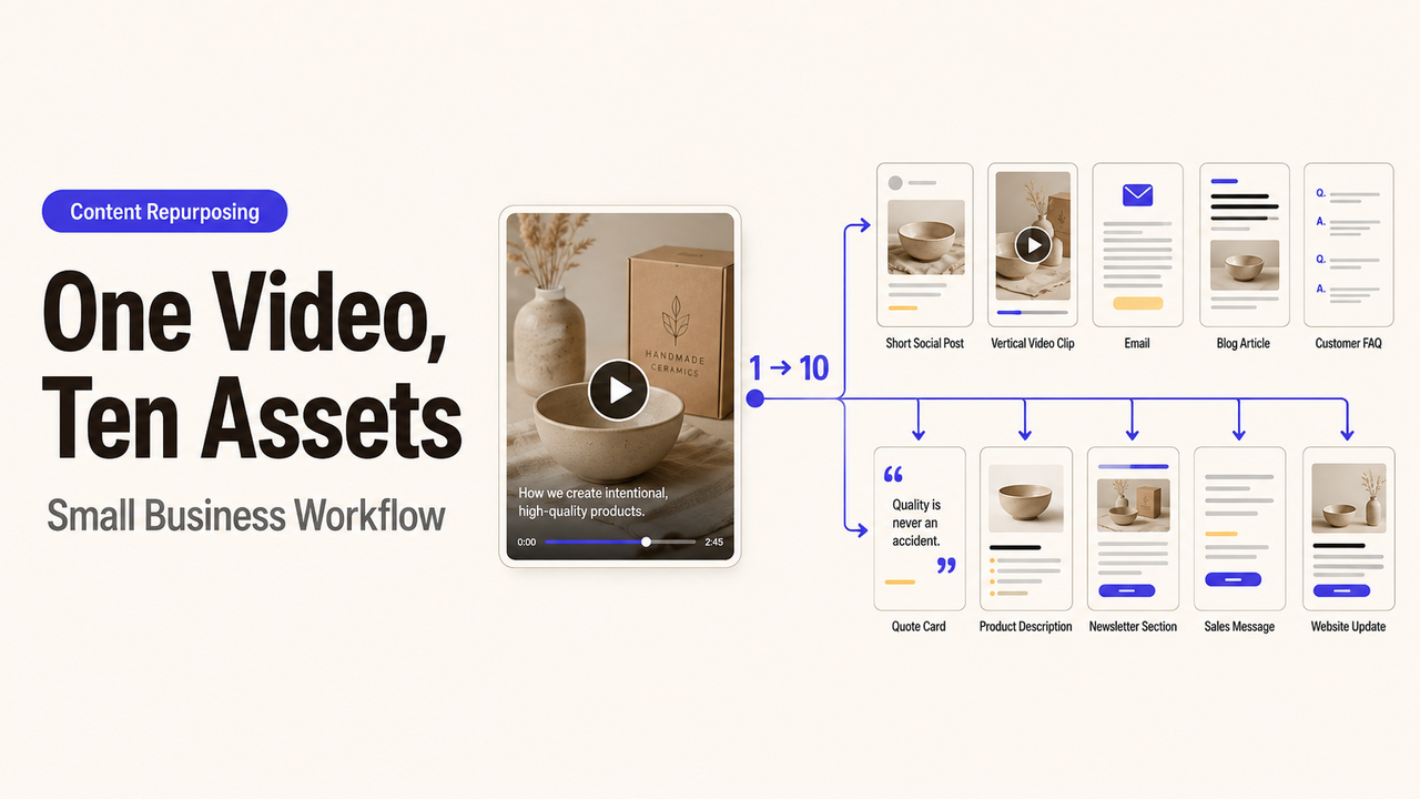 Diagram of a video content repurposing workflow, showing how to turn one ceramic video into ten assets like blogs and emails
