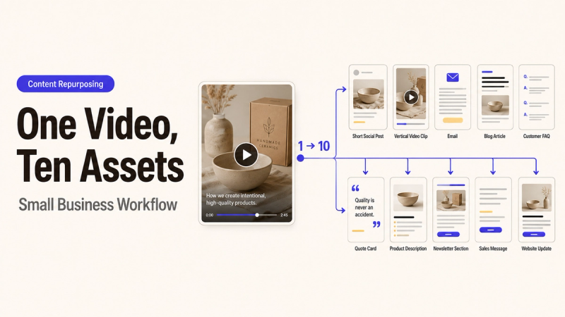 Diagram of a video content repurposing workflow, showing how to turn one ceramic video into ten assets like blogs and emails