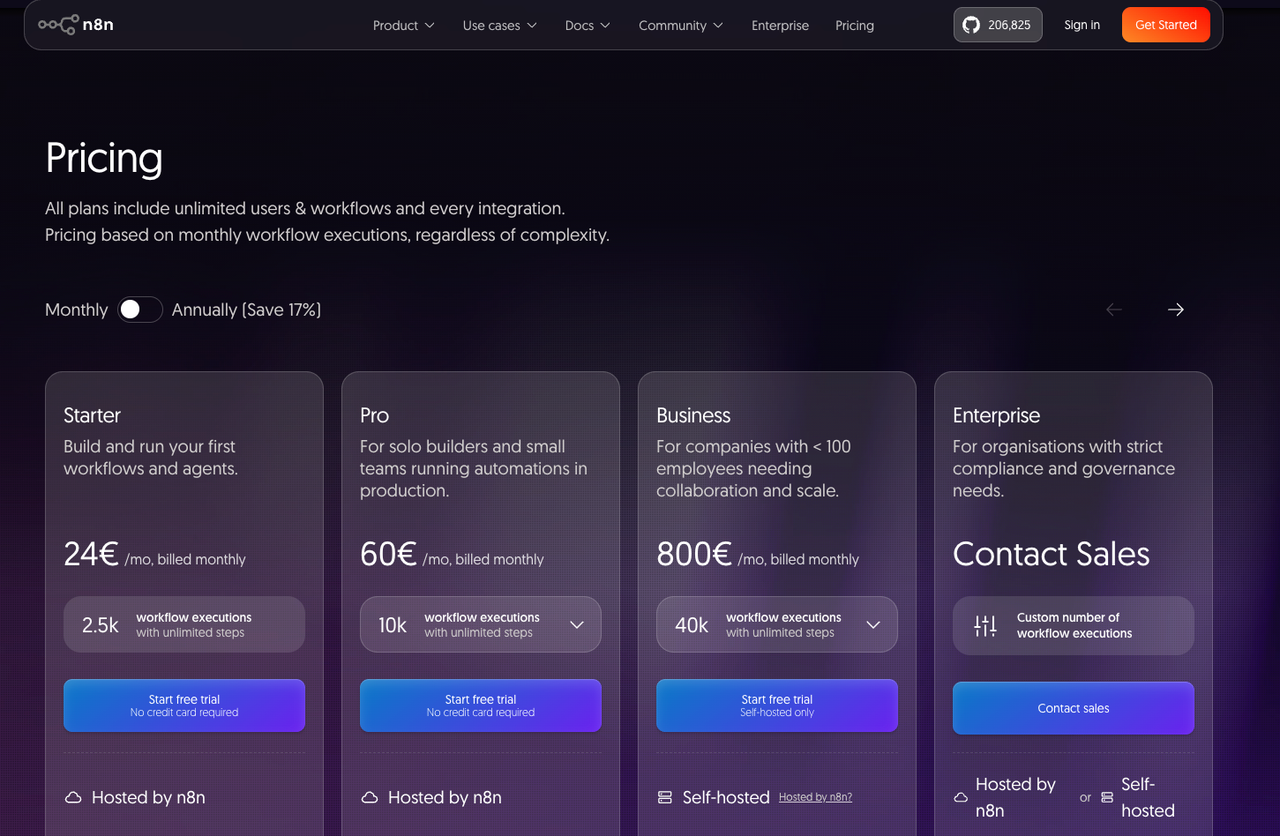 Compare pricing plans for the best ai workflow builders featuring unlimited user workflows, secure cloud hosting, and flexible self-hosted setups.