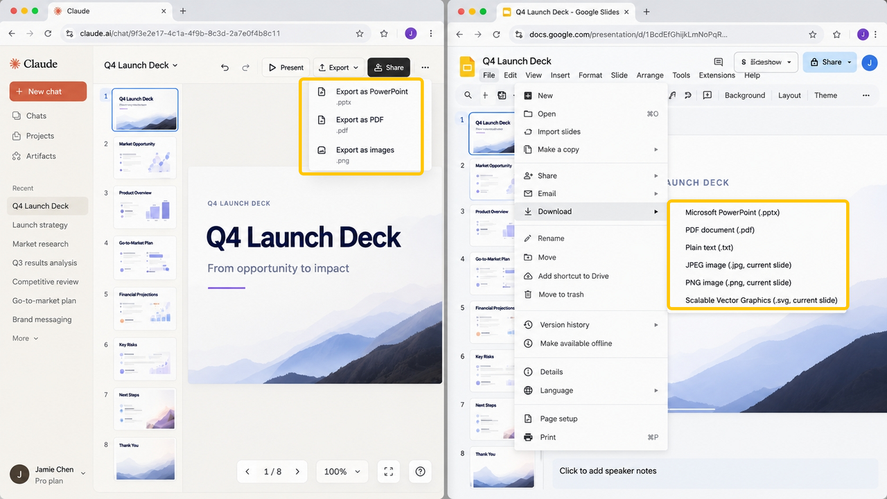 Comparing export menu formats in Claude Slides vs Google Slides, including PPTX and PDF file types.