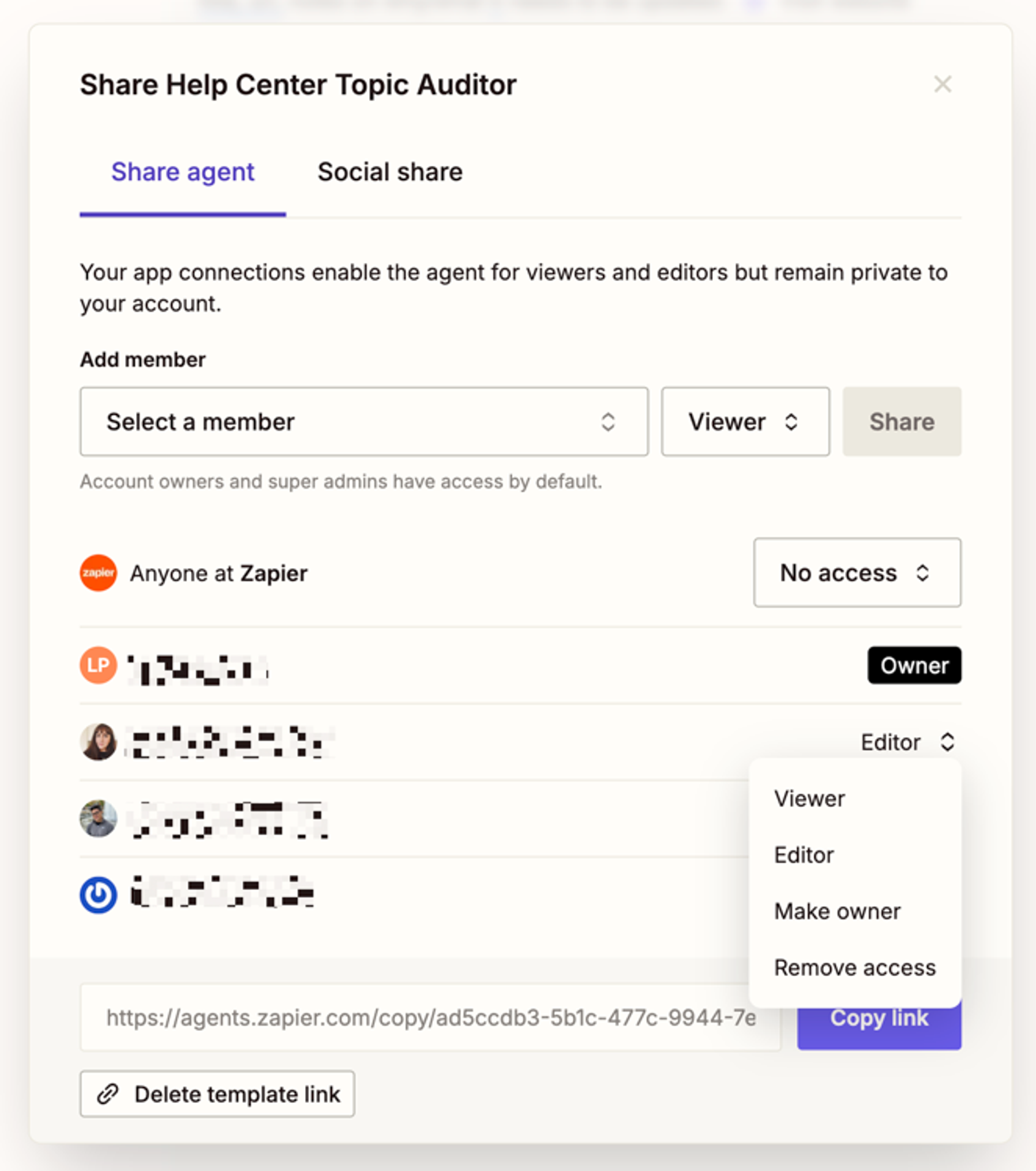 Easily manage sharing settings and team permissions directly within the ai agent builder app.