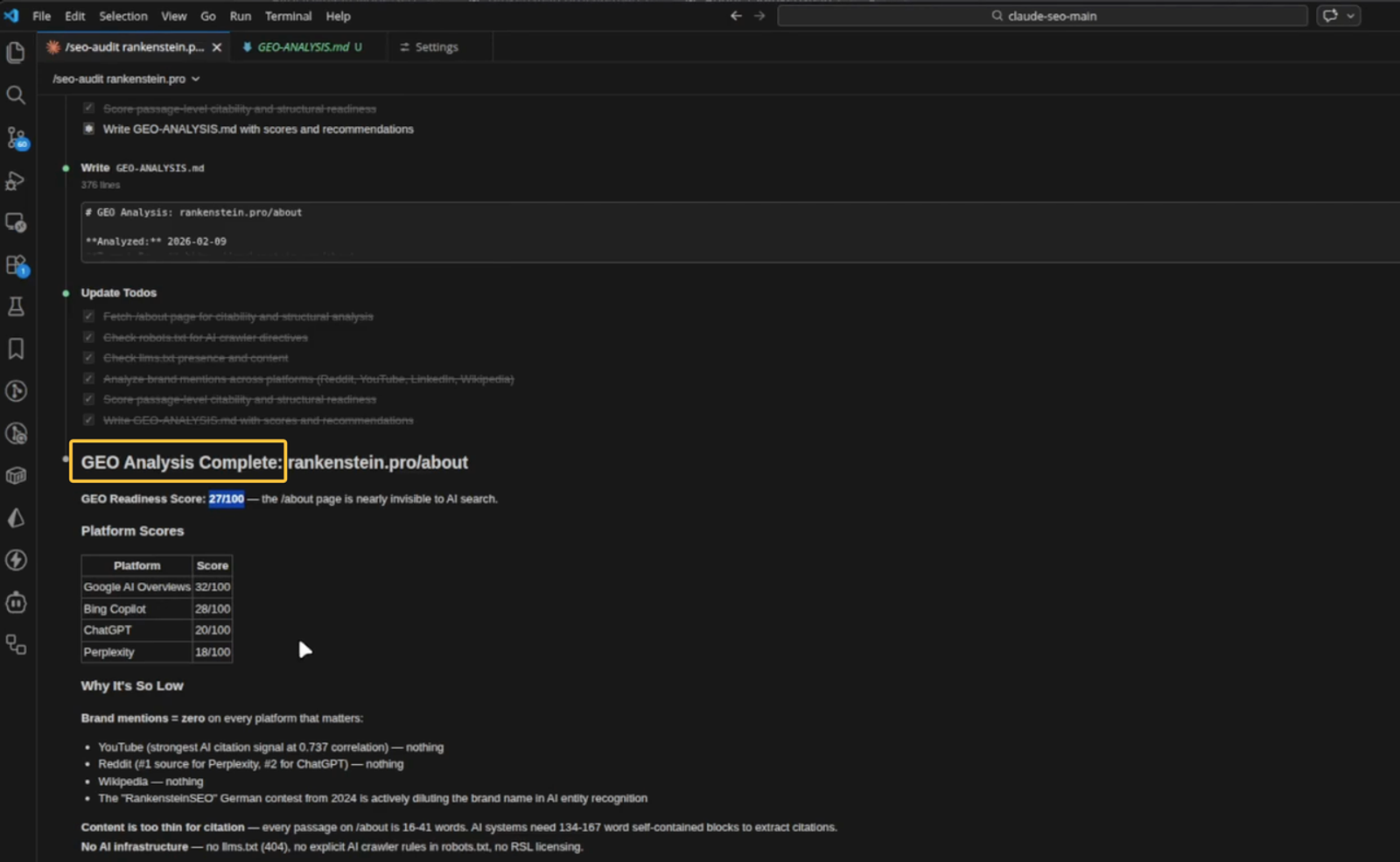 Code editor displaying a Claude SEO GEO analysis report with a 27/100 readiness score and AI platform visibility metrics.