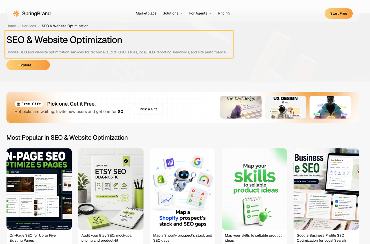 As part of our Skydive AI review, we compare marketplace integrations like SpringBrand for SEO optimization services.