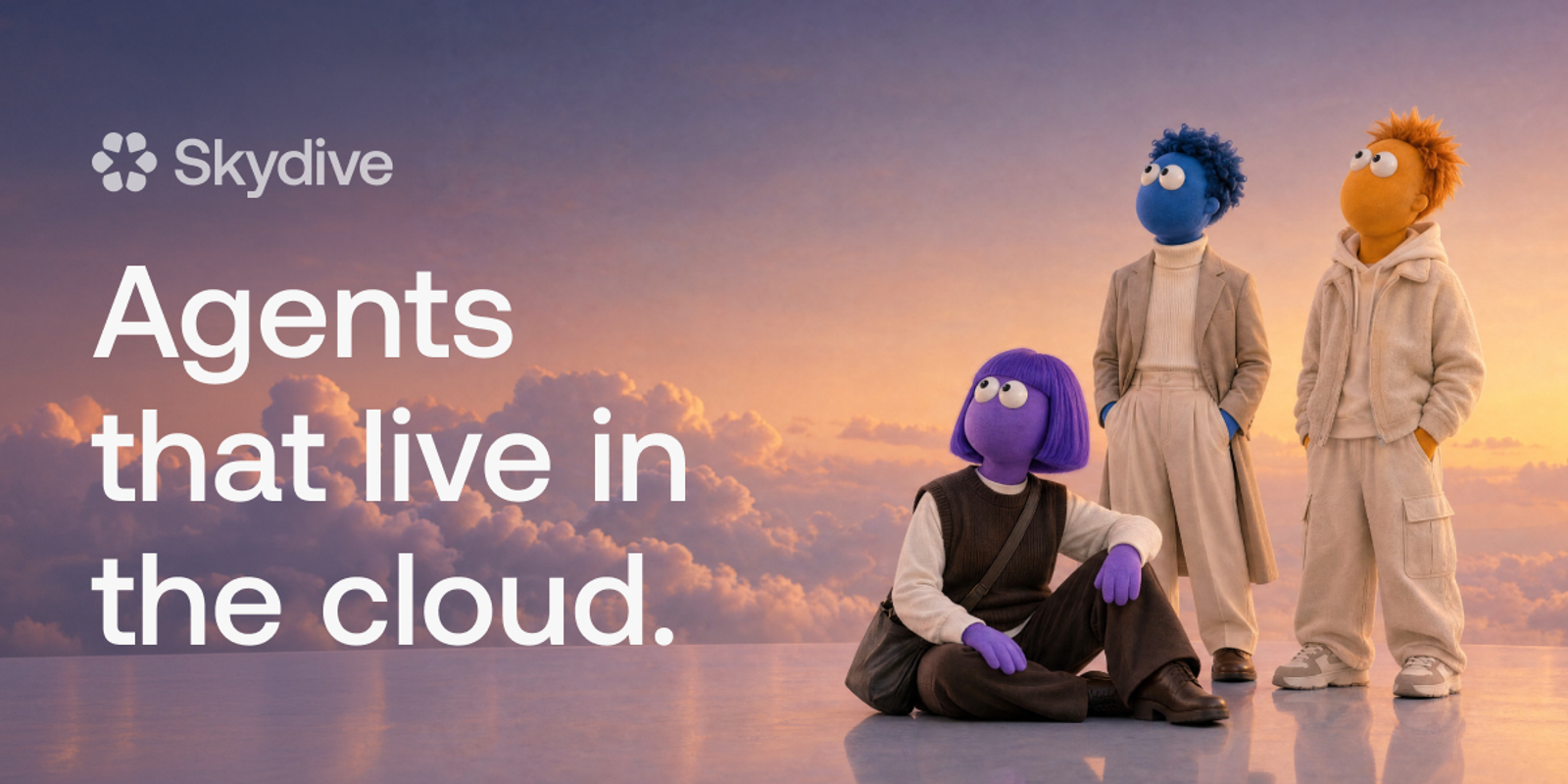 Creative branding for Skydive AI for business, featuring cloud agents standing against a sunset sky.