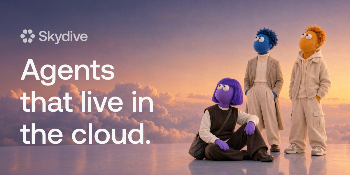 Creative branding for Skydive AI for business, featuring cloud agents standing against a sunset sky.