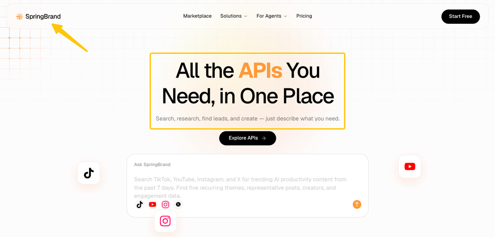 SpringBrand landing page demonstrating API search capabilities designed for seamless ai agents integration.