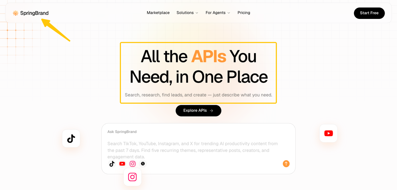 SpringBrand landing page demonstrating API search capabilities designed for seamless ai agents integration.