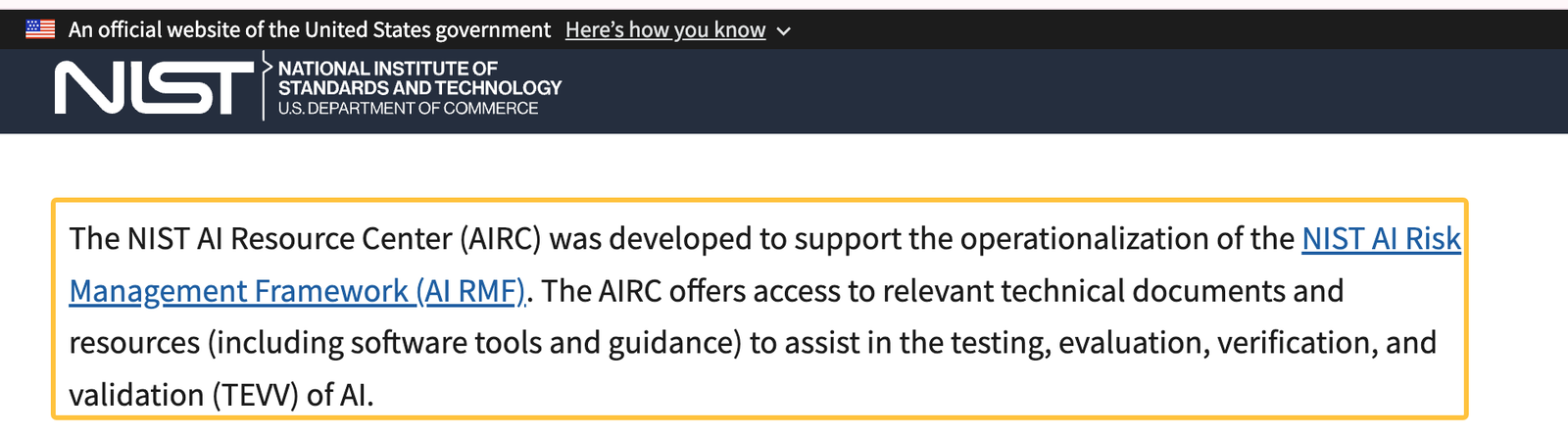 NIST website outlining the AI Risk Management Framework to evaluate and validate your enterprise ai sales assistant.