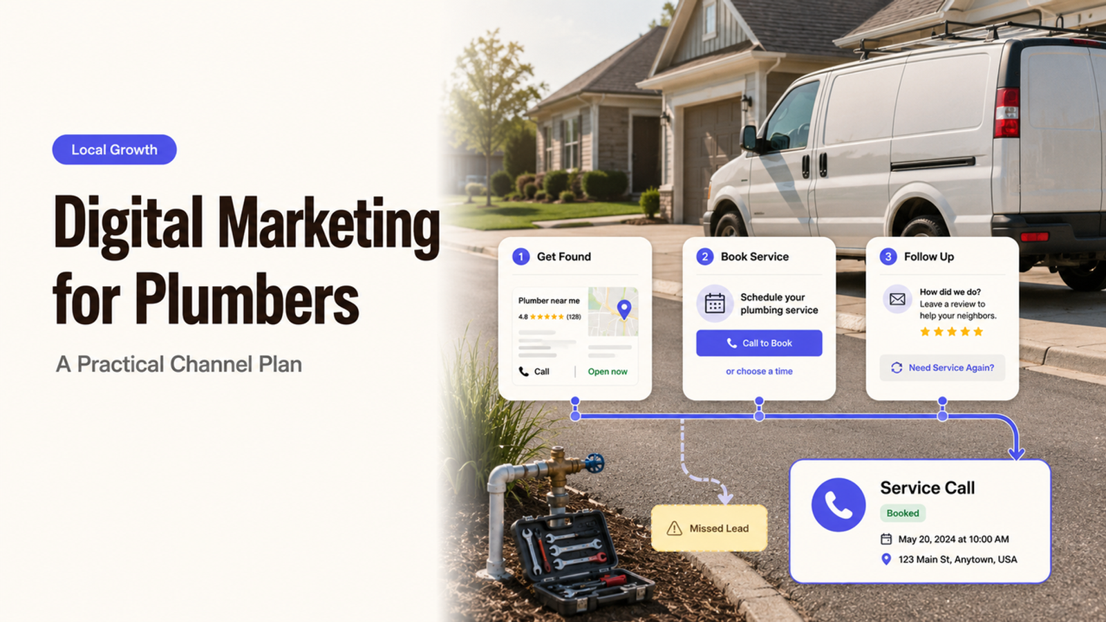 Practical channel plan showing digital marketing for plumbers, featuring a van, pipes, and steps to get found and book.
