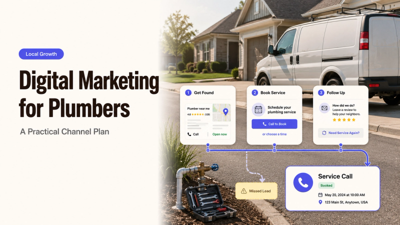 Practical channel plan showing digital marketing for plumbers, featuring a van, pipes, and steps to get found and book. 