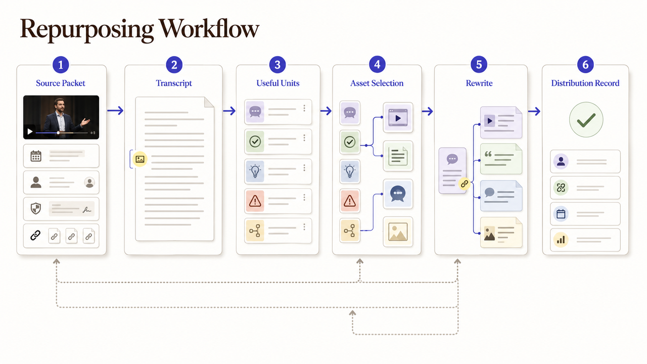 A six-step video content repurposing workflow chart, moving from source packet and transcript to rewriting and distribution