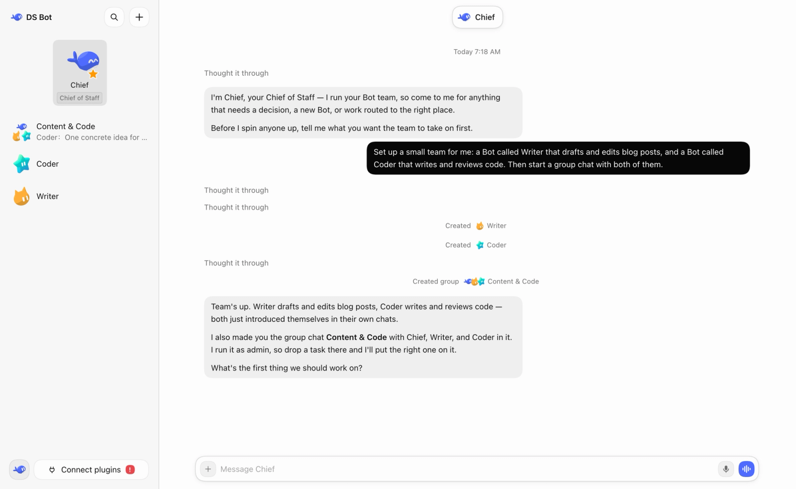 DeepSeek Bot chat interface showing a user creating a small team with Writer and Coder bots for content and code tasks.