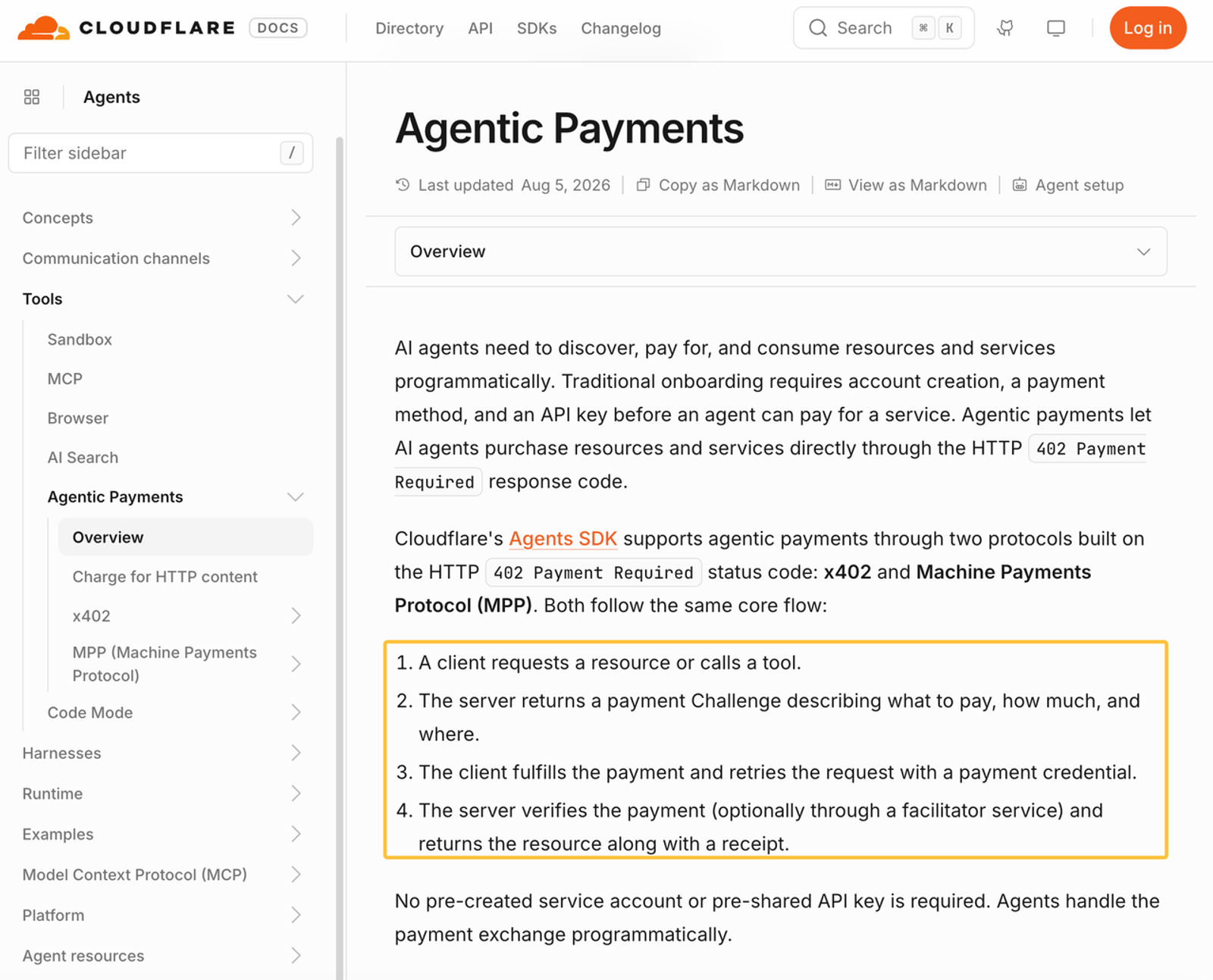 Cloudflare documentation explaining agentic payments using HTTP 402 protocols for the agent economy.