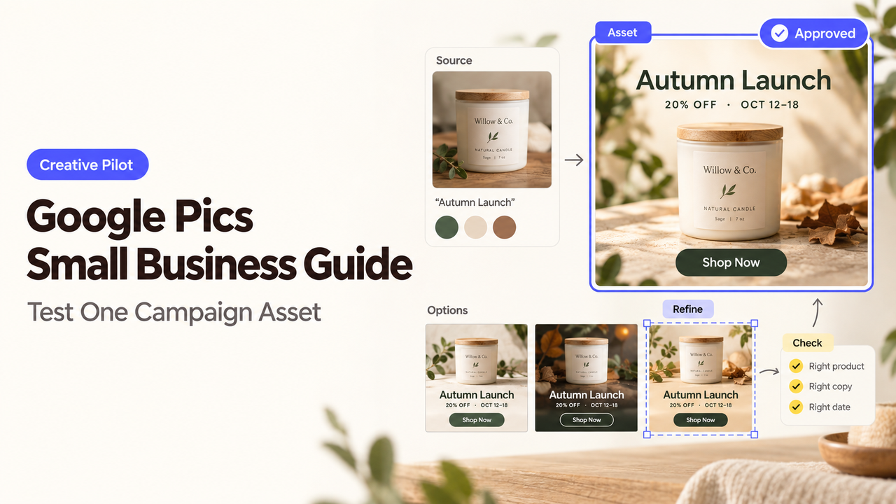 Workflow showing how to test and refine product campaign assets in the Google Pics small business guide.