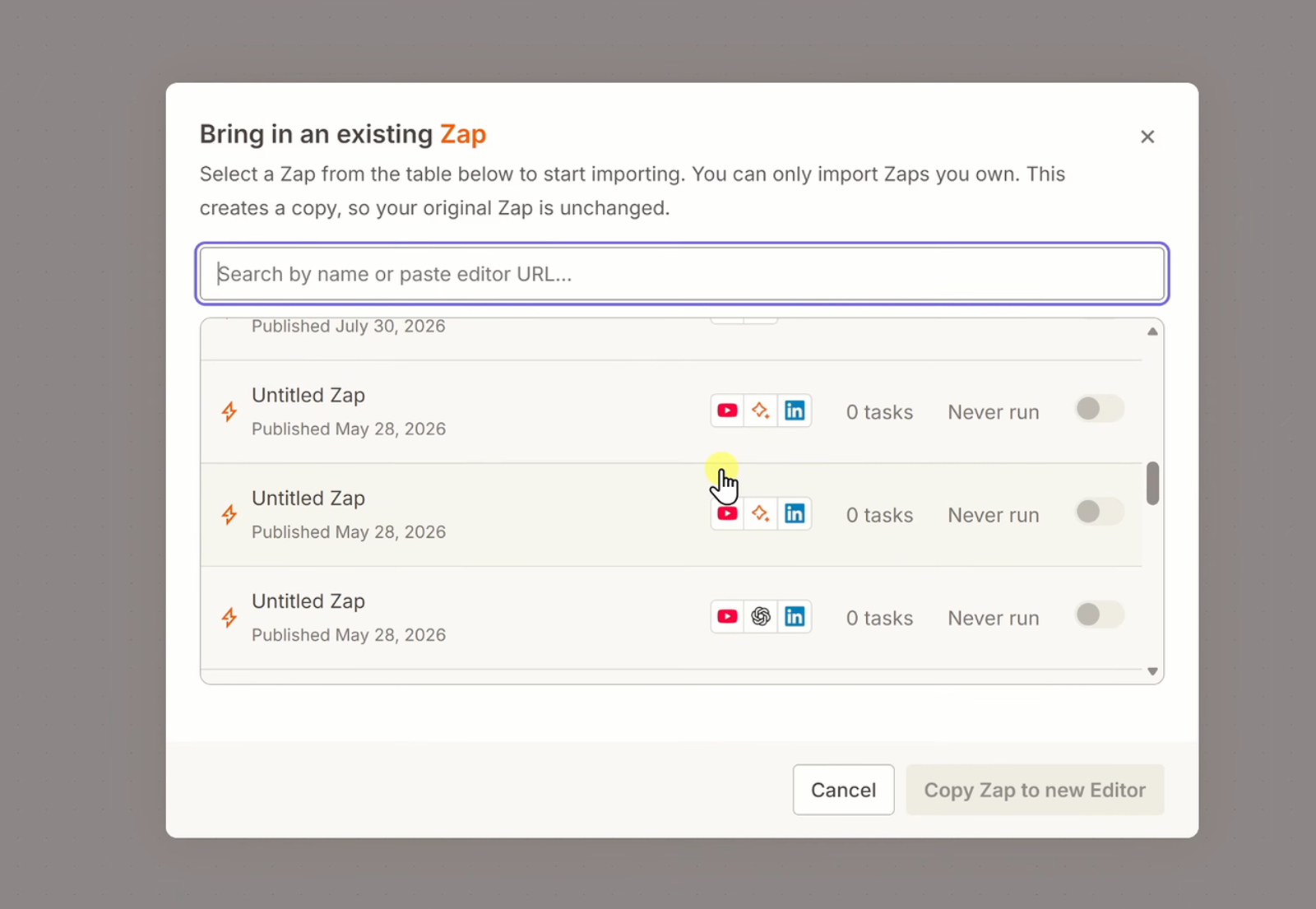 Zapier import menu allowing users to select and copy their existing workflows directly into the next gen zaps editor.