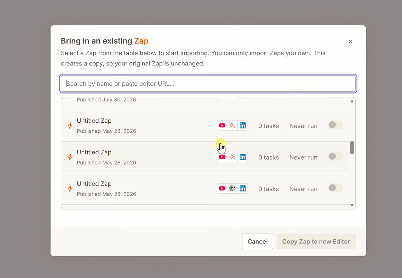 Zapier import menu allowing users to select and copy their existing workflows directly into the next gen zaps editor.