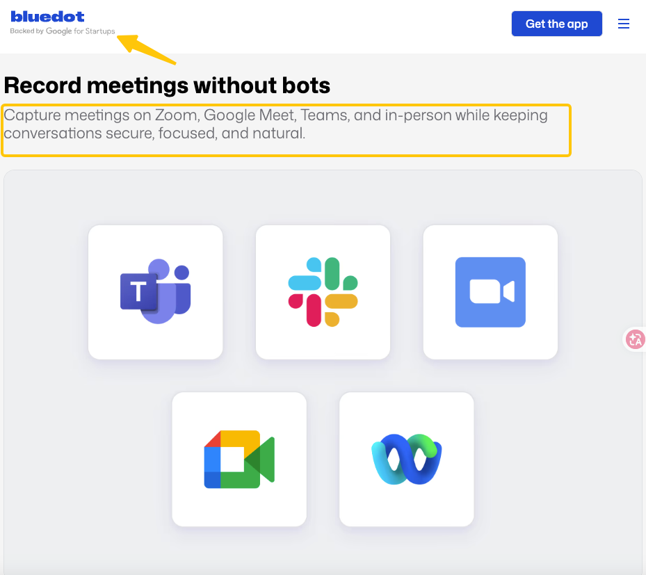 Bluedot AI integration options including Microsoft Teams, Slack, Zoom, Google Meet, and Webex icons.