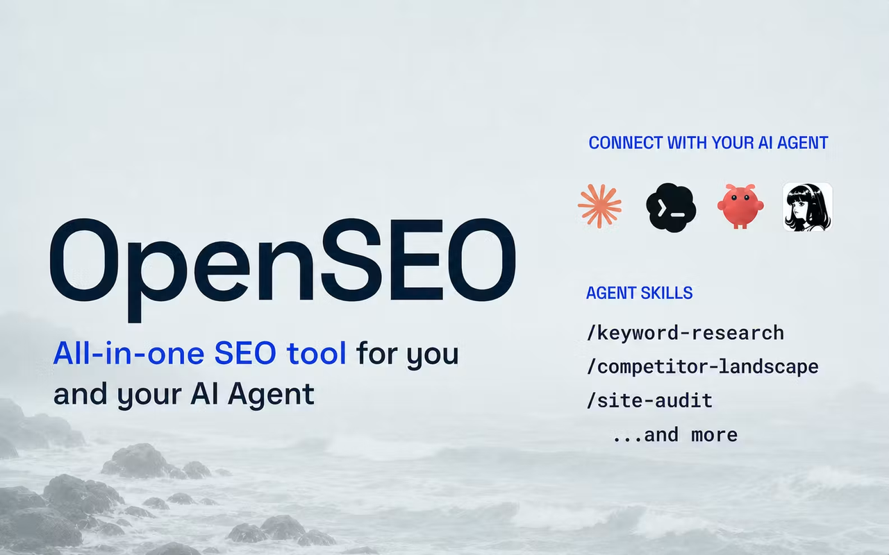 OpenSEO review landing page promoting its all-in-one tool capabilities like keyword research and site audit for humans and AI agents.