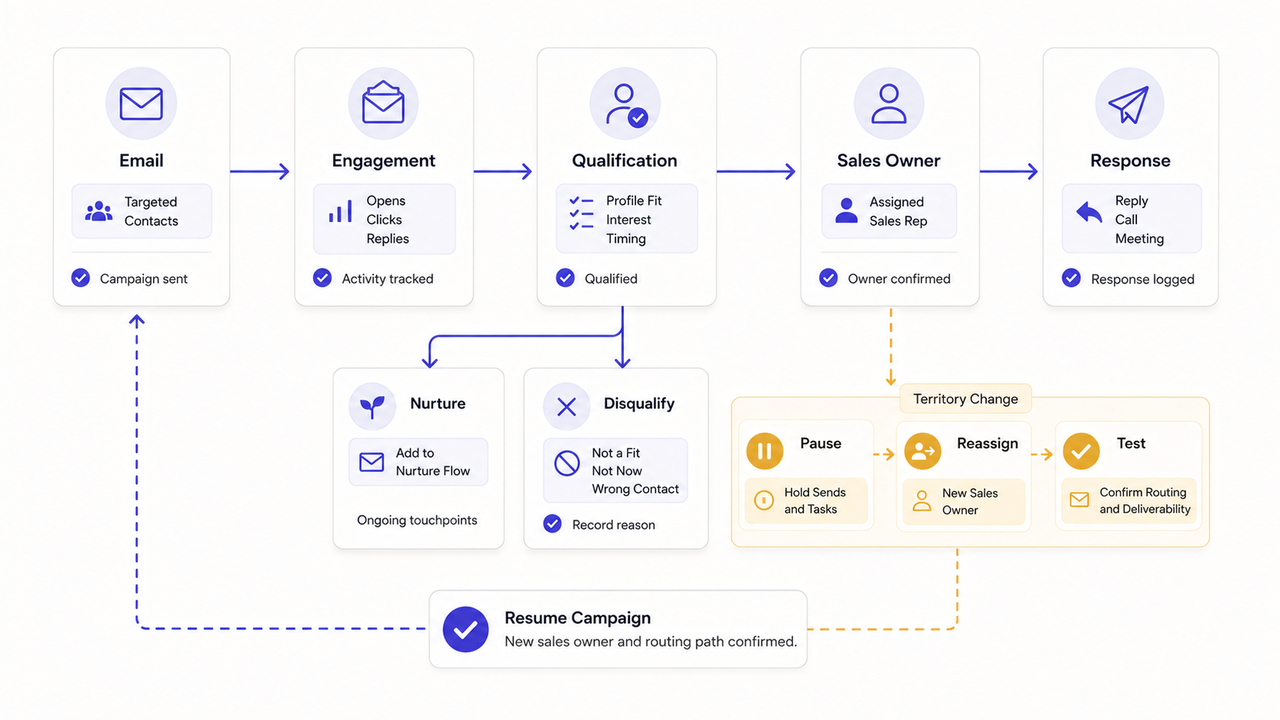 Flowchart showing sales lead qualification, nurturing, and routing managed by a B2B email marketing agency.