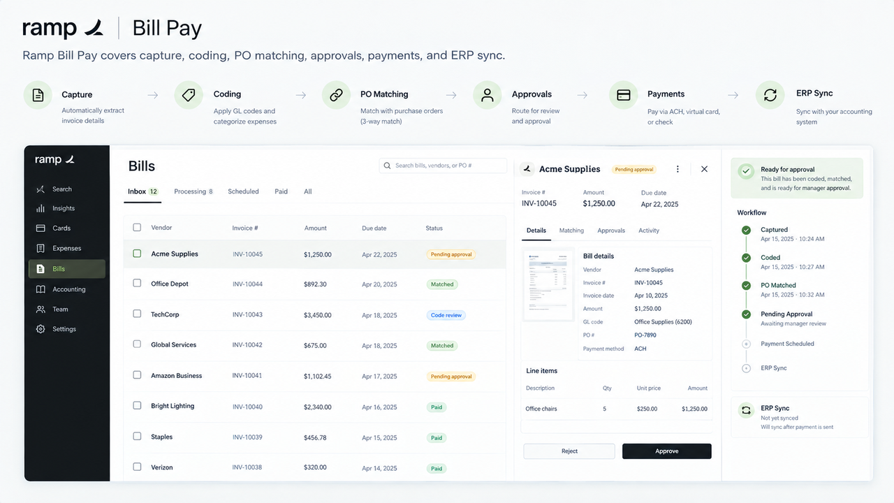 Ramp AP automation software displaying automated invoice capture, approvals, and ERP sync workflow.