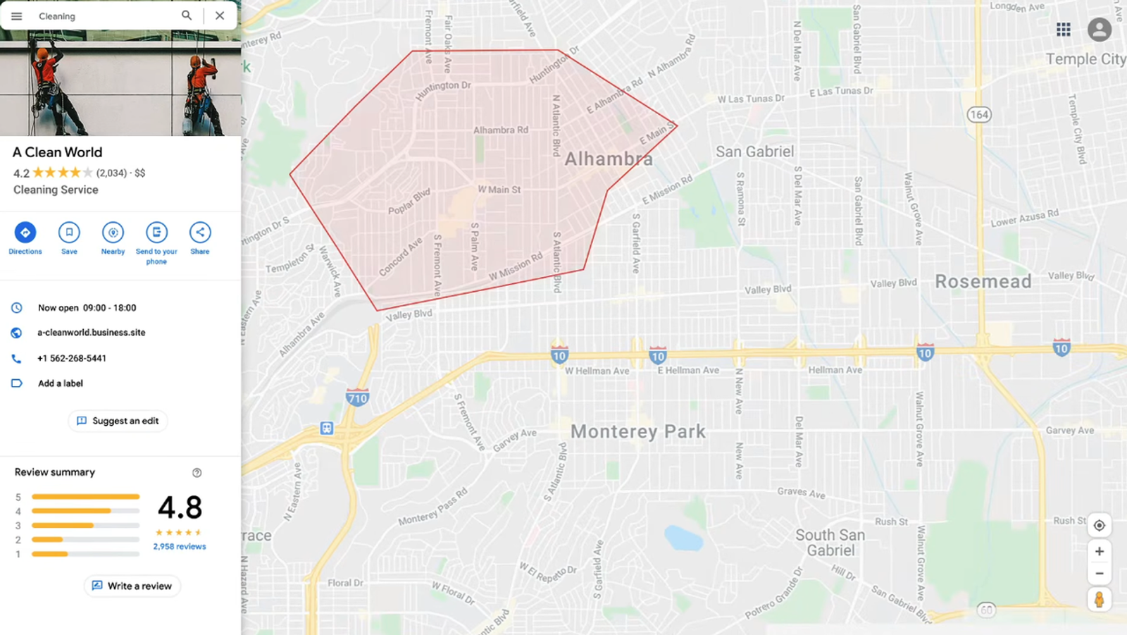 Google Maps view displaying a defined service area for a cleaning business as part of a complete local seo checklist.