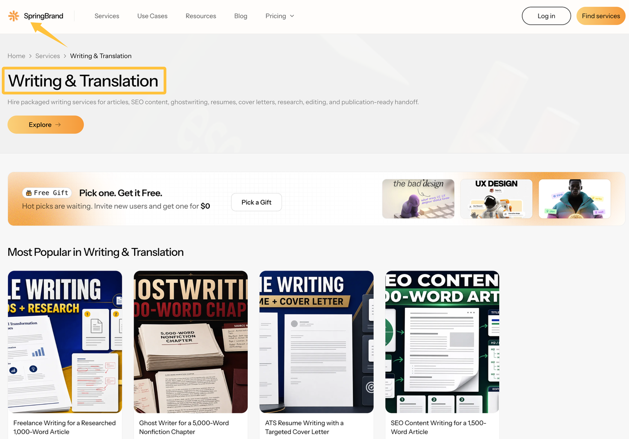 A freelance marketplace showing writing categories to help you find professional website copywriting services.