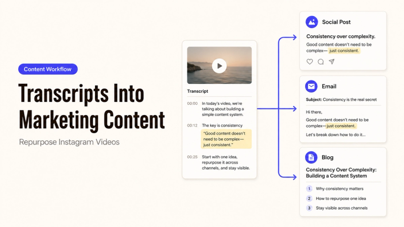 Infographic showing how to repurpose an Instagram transcript for business into social posts, emails, and blog content.