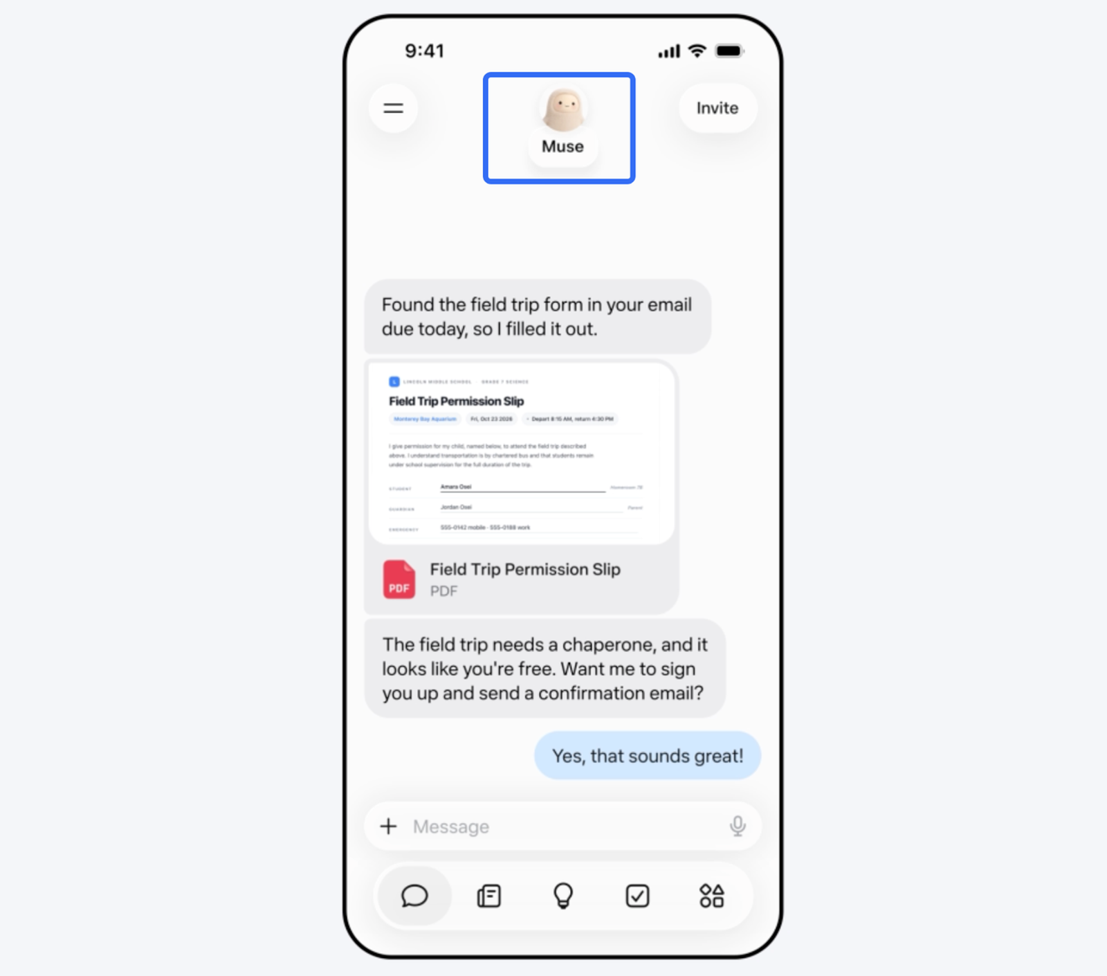 Muse Wonder Marketing AI chatbot interface displaying an automated field trip permission slip.