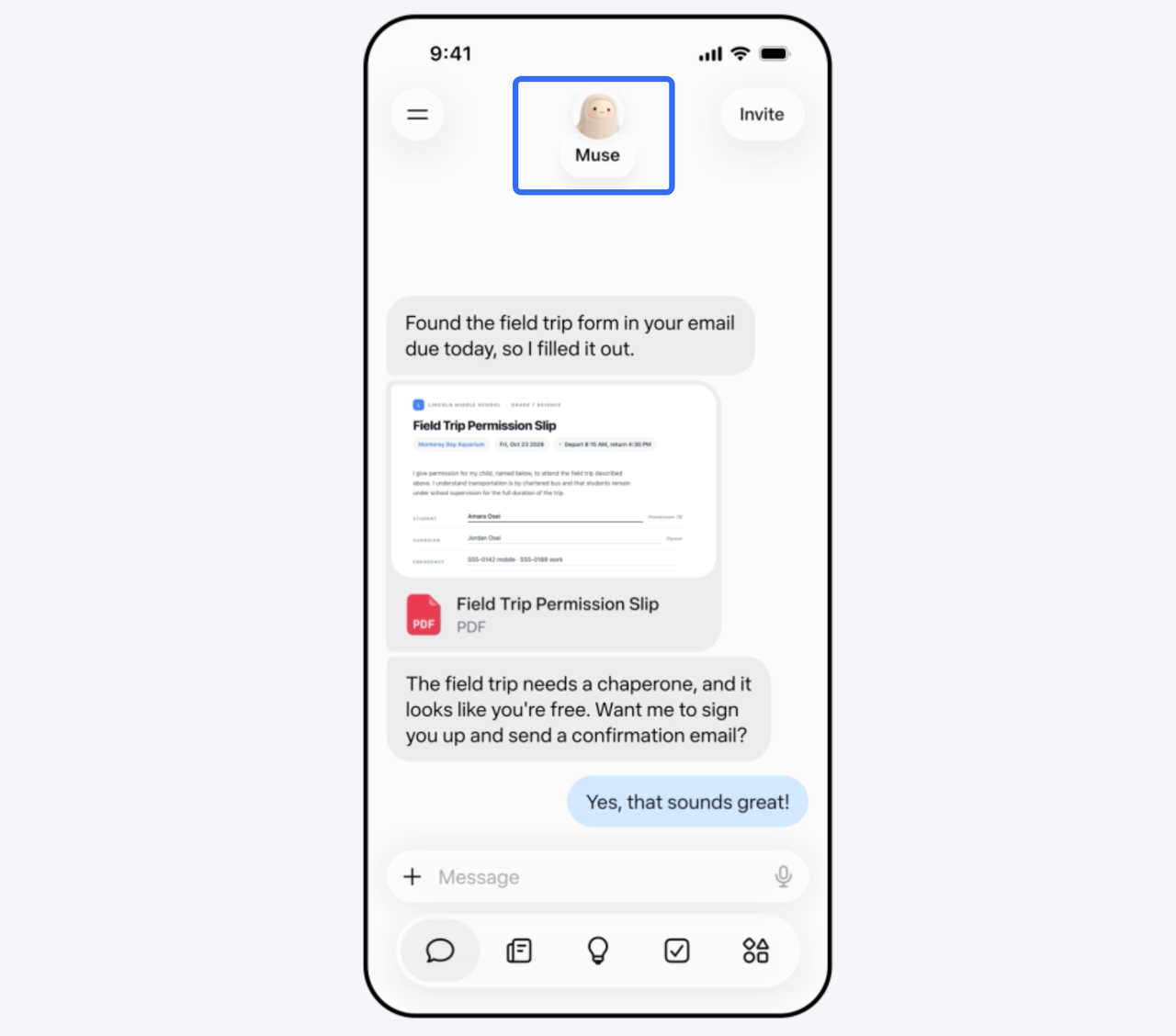 Muse Wonder Marketing AI chatbot interface displaying an automated field trip permission slip.