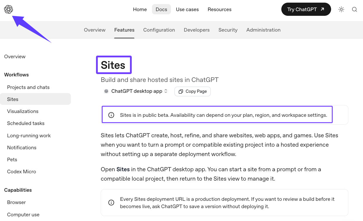 Documentation on how to build and host ChatGPT Sites for small business, showing the public beta features and deployment.