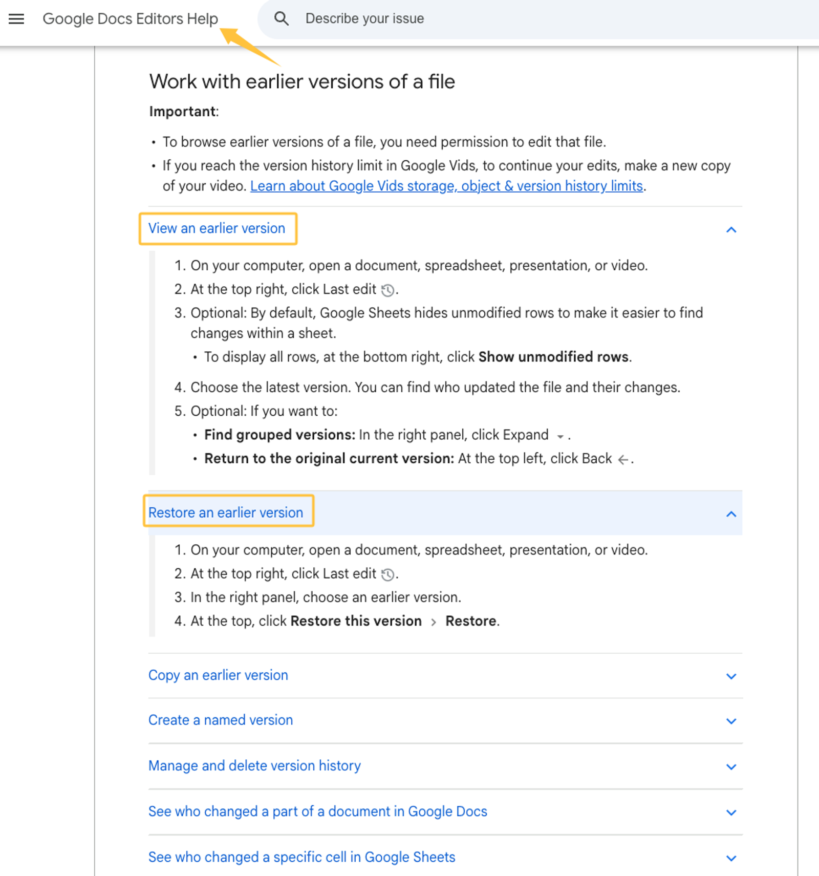Google Docs guide on restoring earlier file versions, an essential step for managing a content creation workflow.