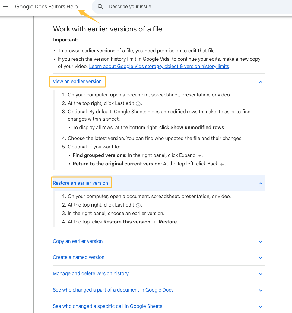 Google Docs guide on restoring earlier file versions, an essential step for managing a content creation workflow.