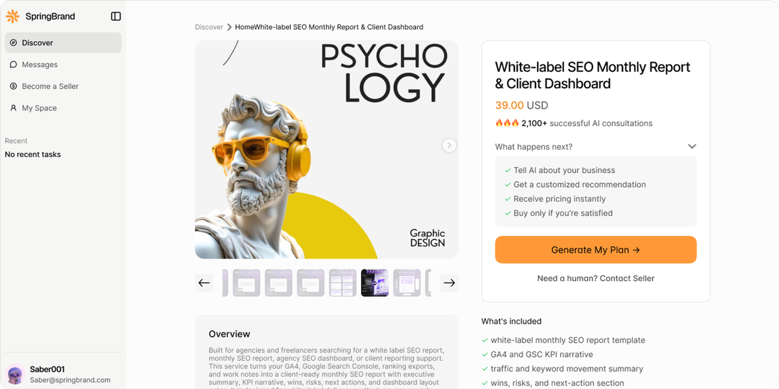 A product page for a white-label SEO report, illustrating service offerings.