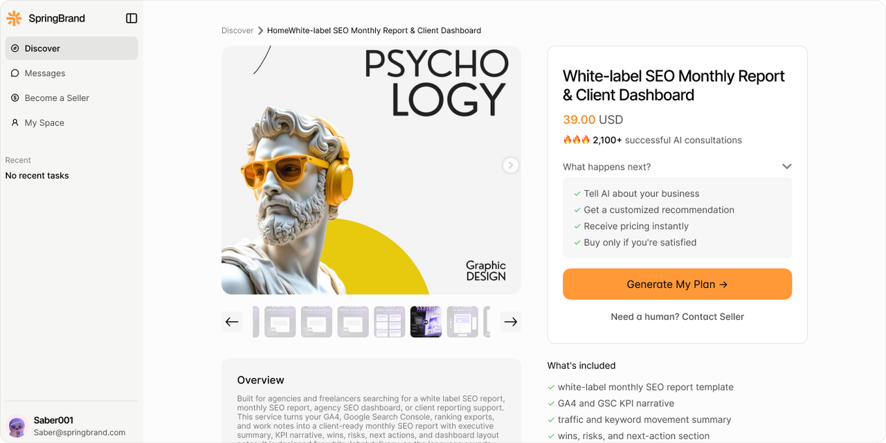 A product page for a white-label SEO report, illustrating service offerings.