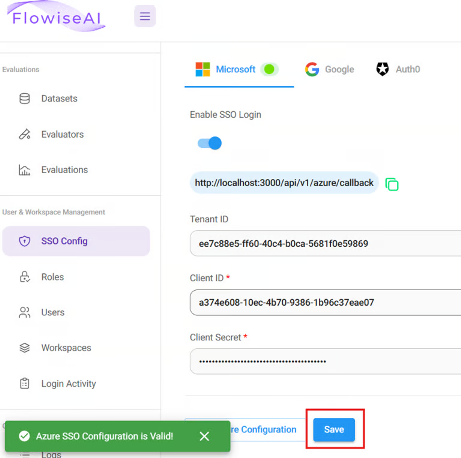 Configure SSO login settings in Flowise, leading openclaw alternatives for enterprise user access control.