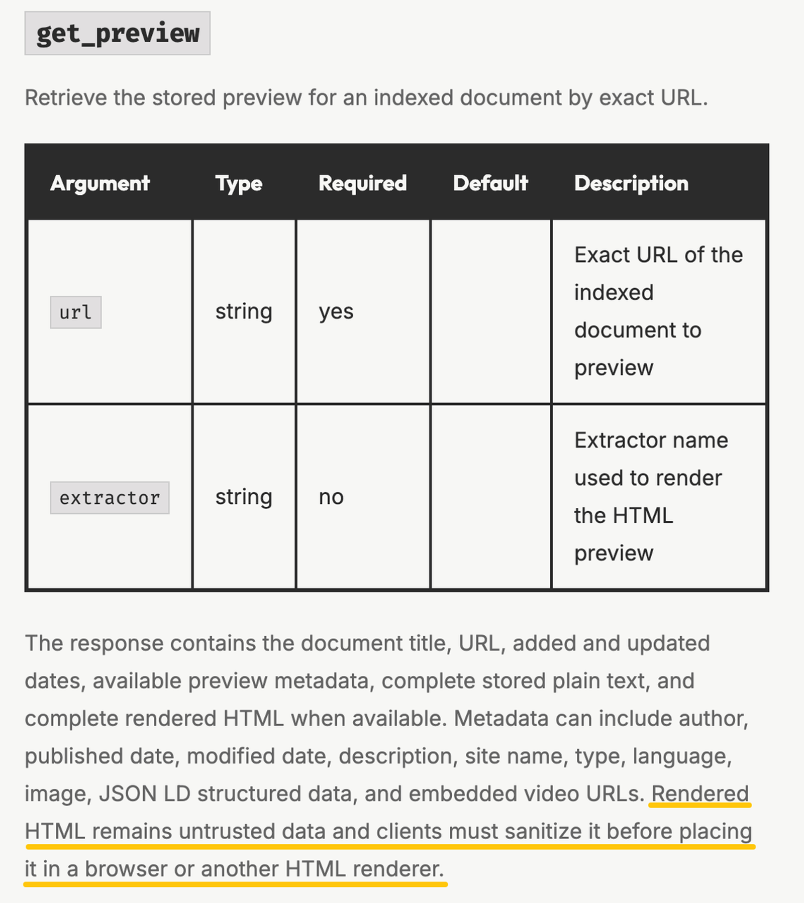 During hister mcp troubleshooting, properly format the get_preview url argument and always sanitize rendered HTML data.