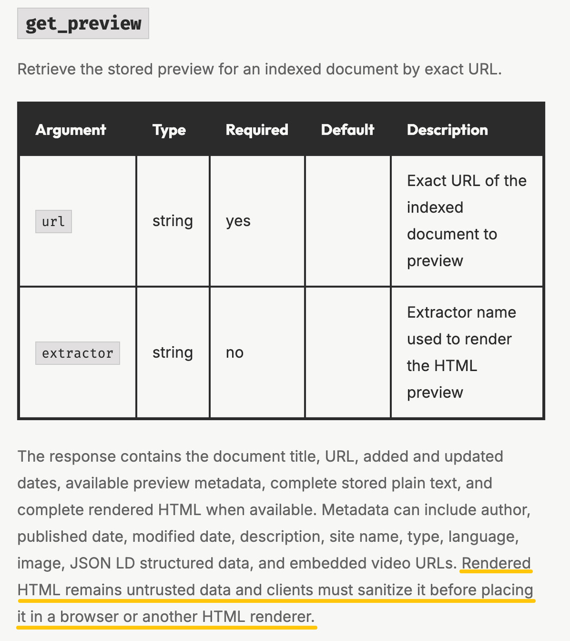 During hister mcp troubleshooting, properly format the get_preview url argument and always sanitize rendered HTML data.
